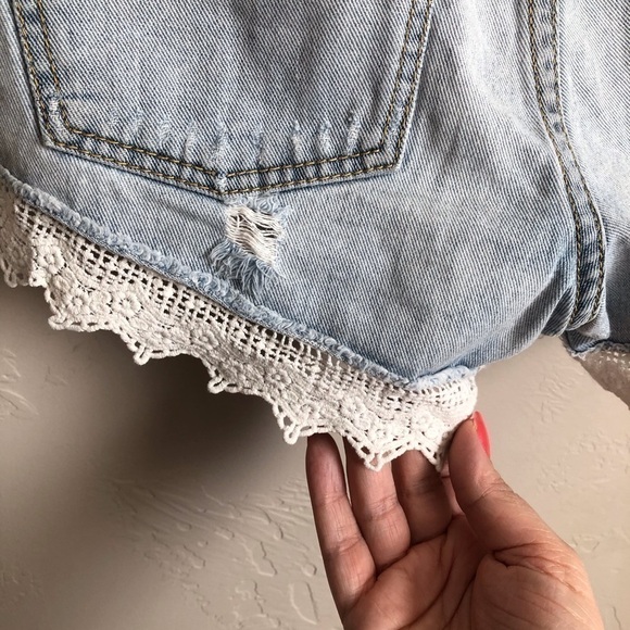 Free People Distressed Crochet Denim Shorts - Picture 7 of 13